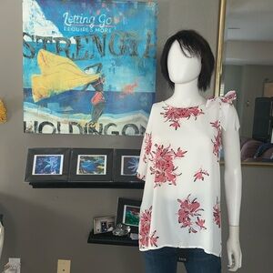 Worthington Floral White and Pink Blouse with Bow Detail